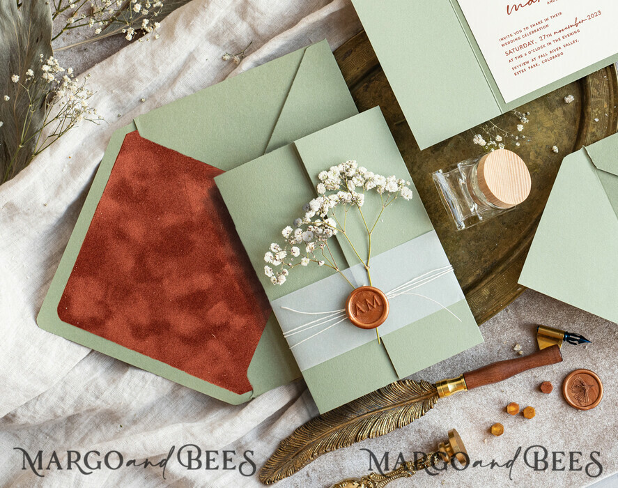 HOCHZEITS EINLADUNGEN rustikal / Landhausstil / Shabby Chic Terracotta Salbeigrünes Hochzeitseinladungset, Natürliche Schleierkraut Blumen Hochzeitseinladung Suite Minimalistische Moderne Boho Gartenhochzeit Einladungen