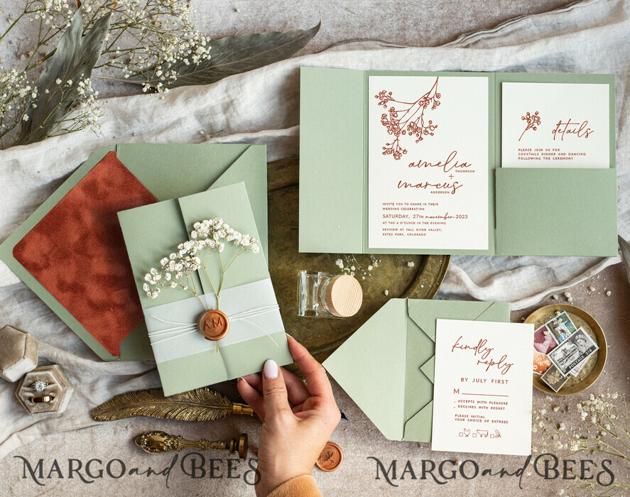HOCHZEITS EINLADUNGEN rustikal / Landhausstil / Shabby Chic Terracotta Salbeigrünes Hochzeitseinladungset, Natürliche Schleierkraut Blumen Hochzeitseinladung Suite Minimalistische Moderne Boho Gartenhochzeit Einladungen