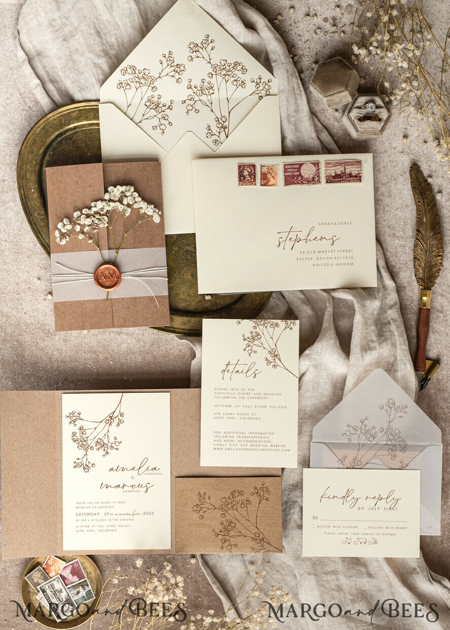 WEDDING INVITATIONS rustic / country / shabby chick Natural baby breath flowers wedding invitation suite, Minimalistic rustical wedding invitations set, eco invitation set, Beige Modern boho wedding invites
