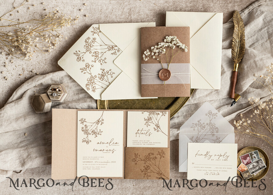 WEDDING INVITATIONS rustic / country / shabby chick Natural baby breath flowers wedding invitation suite, Minimalistic rustical wedding invitations set, eco invitation set, Beige Modern boho wedding invites