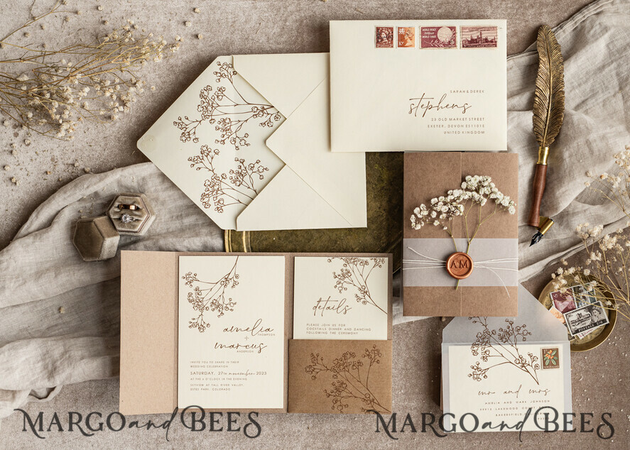 WEDDING INVITATIONS rustic / country / shabby chick Natural baby breath flowers wedding invitation suite, Minimalistic rustical wedding invitations set, eco invitation set, Beige Modern boho wedding invites