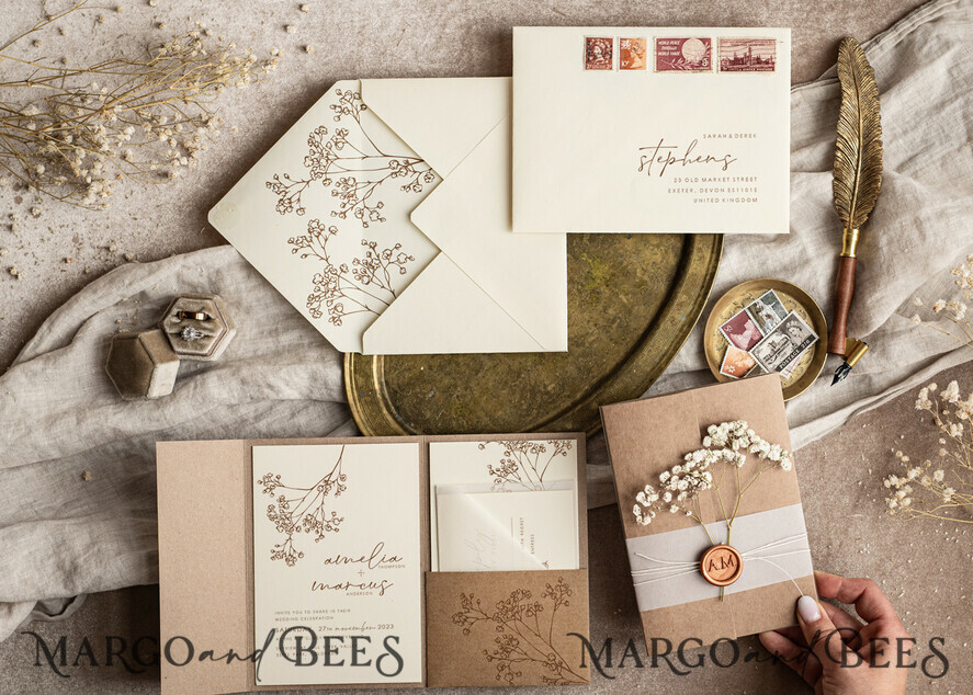 WEDDING INVITATIONS rustic / country / shabby chick Natural baby breath flowers wedding invitation suite, Minimalistic rustical wedding invitations set, eco invitation set, Beige Modern boho wedding invites