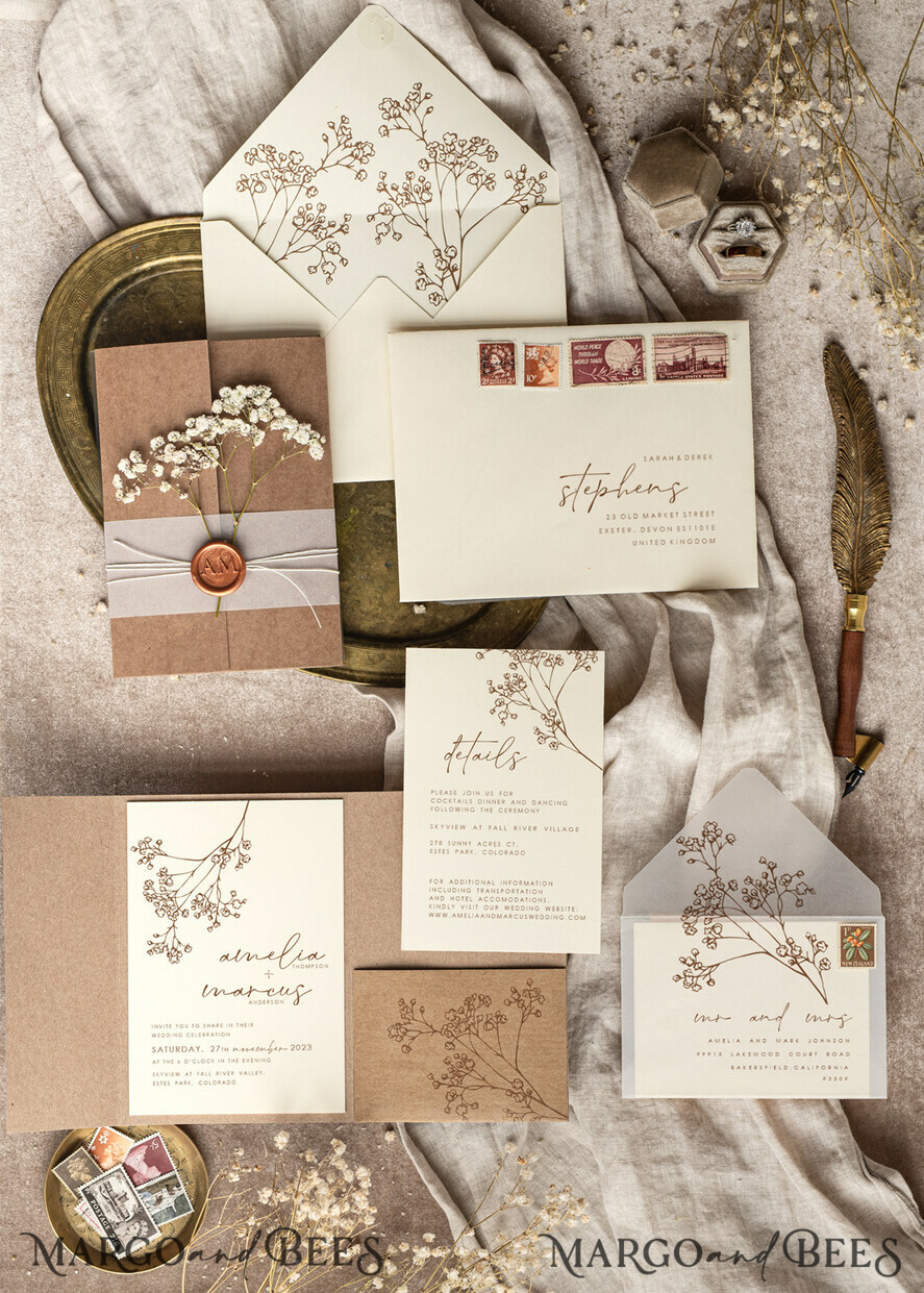 WEDDING INVITATIONS rustic / country / shabby chick Natural baby breath flowers wedding invitation suite, Minimalistic rustical wedding invitations set, eco invitation set, Beige Modern boho wedding invites