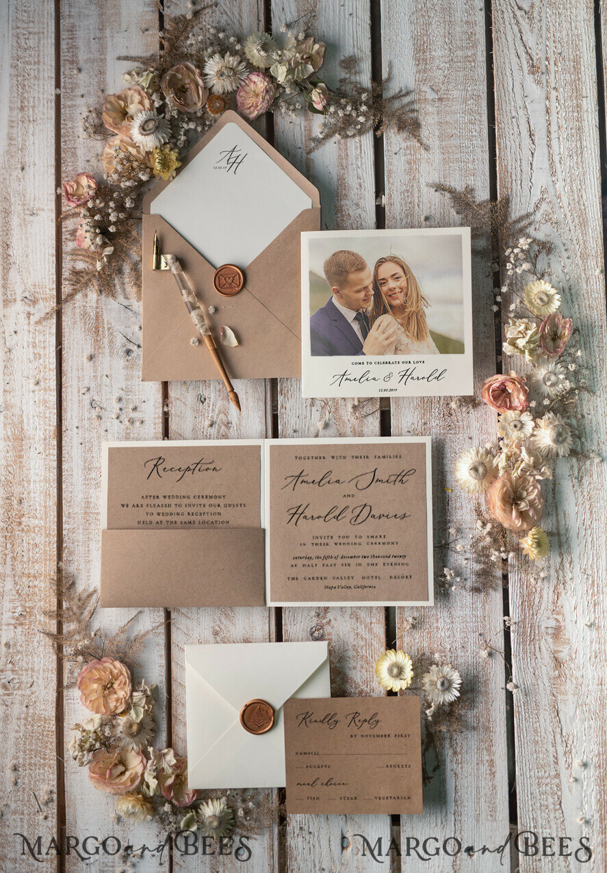 WEDDING INVITATIONS rustic / country / shabby chick Rustic Wedding Invitation with Your Photo Handcrafted Pocketfold Invites with Wax seal