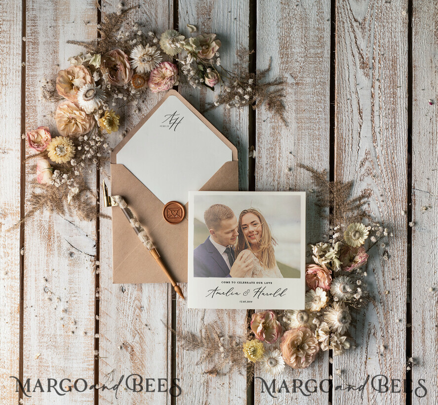 WEDDING INVITATIONS rustic / country / shabby chick Rustic Wedding Invitation with Your Photo Handcrafted Pocketfold Invites with Wax seal