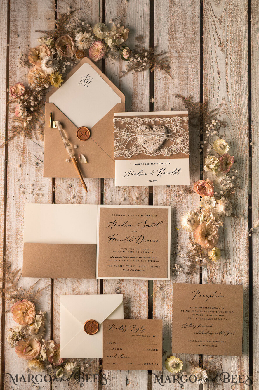 WEDDING INVITATIONS rustic / country / shabby chick Rustic Lace Wedding Invitations Eco Romantic Presonalized Invites Handcrafted with wooden Heart