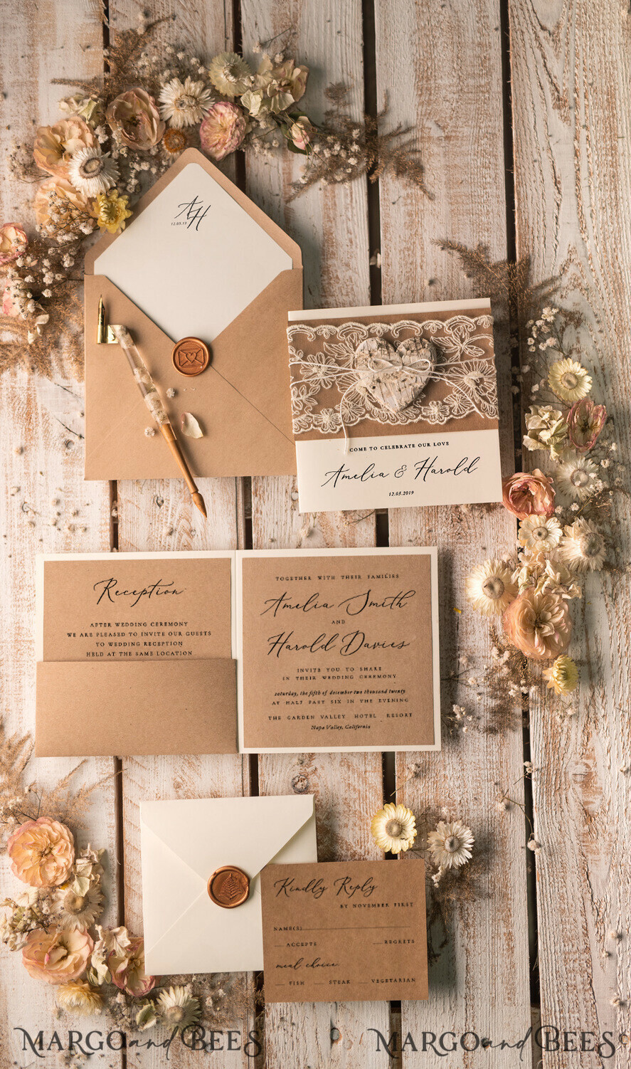 WEDDING INVITATIONS rustic / country / shabby chick Rustic Lace Wedding Invitations Eco Romantic Presonalized Invites Handcrafted with wooden Heart