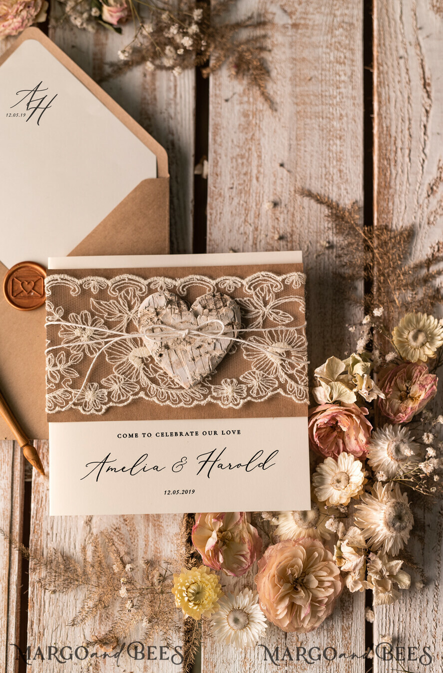 WEDDING INVITATIONS rustic / country / shabby chick Rustic Lace Wedding Invitations Eco Romantic Presonalized Invites Handcrafted with wooden Heart