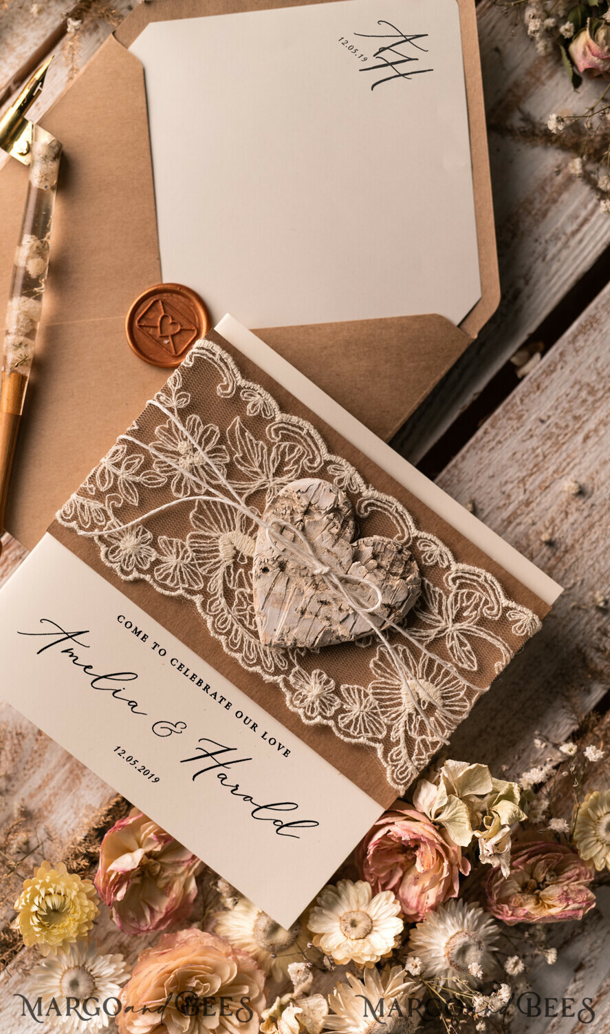 WEDDING INVITATIONS rustic / country / shabby chick Rustic Lace Wedding Invitations Eco Romantic Presonalized Invites Handcrafted with wooden Heart