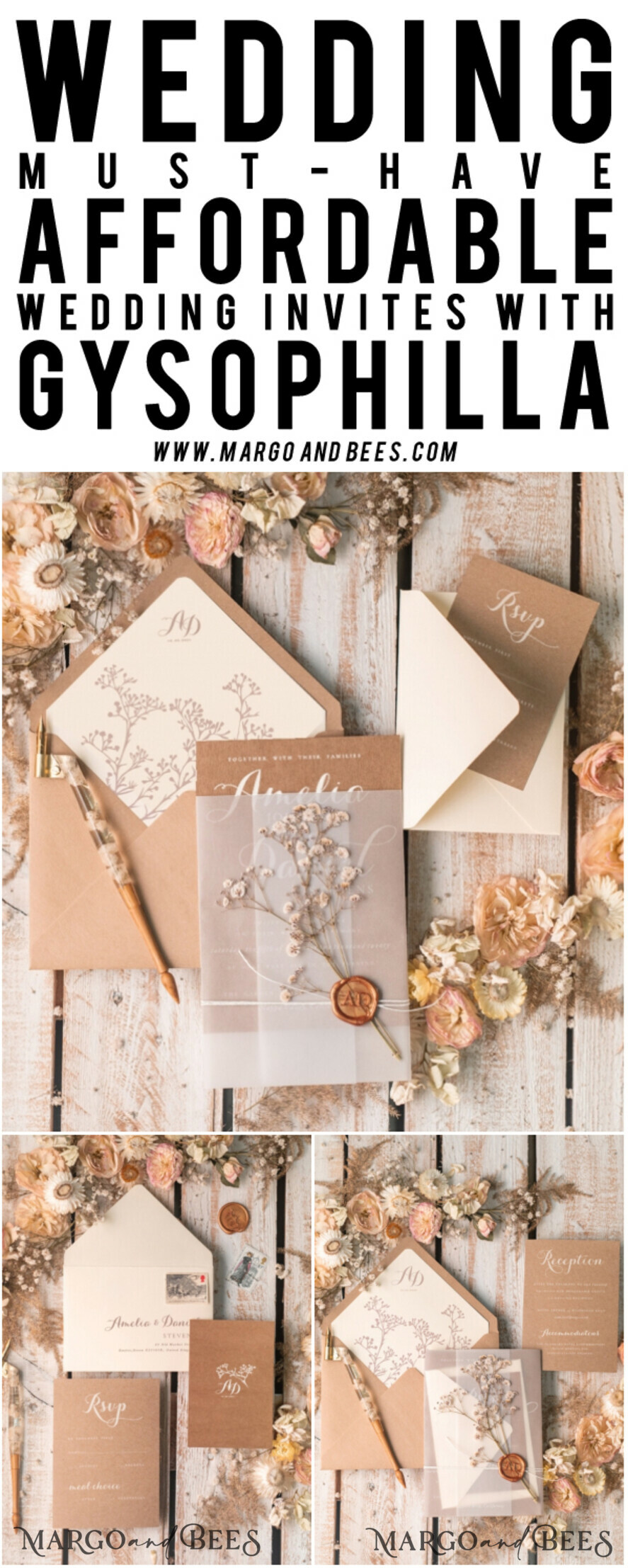 WEDDING INVITATIONS rustic / country / shabby chick Rustic Wedding Invitations Uk Real Gypsophila Vellum Wrap with Wax Seal Baby Breath Flowers on HandMade Envelope