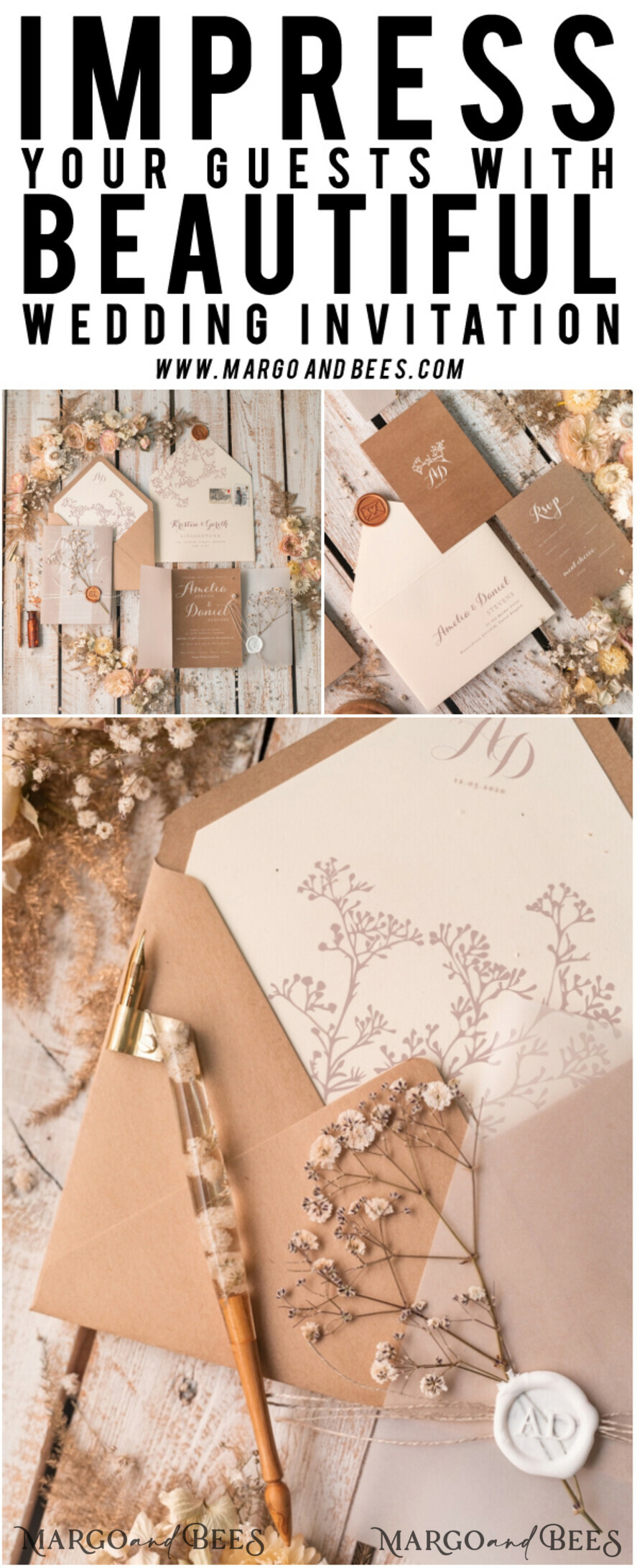 WEDDING INVITATIONS rustic / country / shabby chick Rustic Wedding Invitations Uk Real Gypsophila Vellum Wrap with Wax Seal Baby Breath Flowers on HandMade Envelope