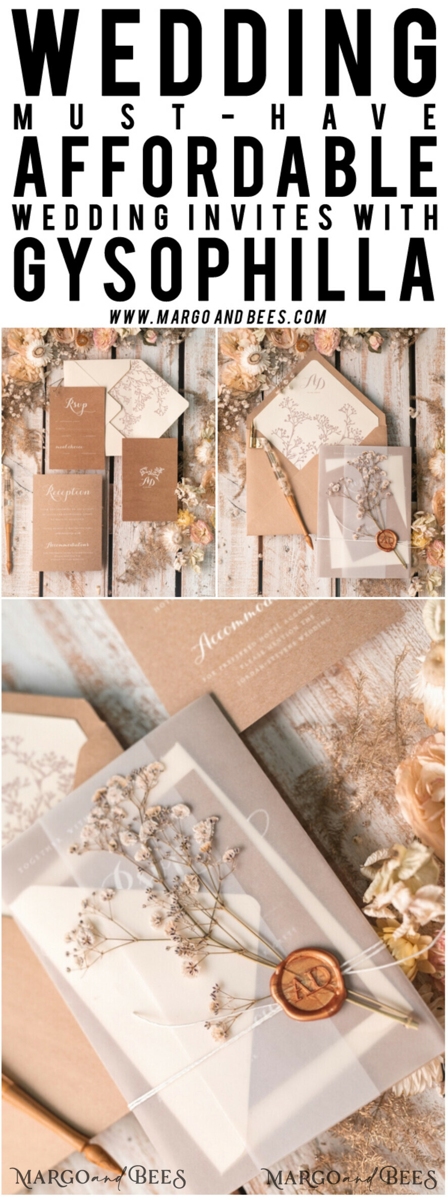 WEDDING INVITATIONS rustic / country / shabby chick Rustic Wedding Invitations Uk Real Gypsophila Vellum Wrap with Wax Seal Baby Breath Flowers on HandMade Envelope