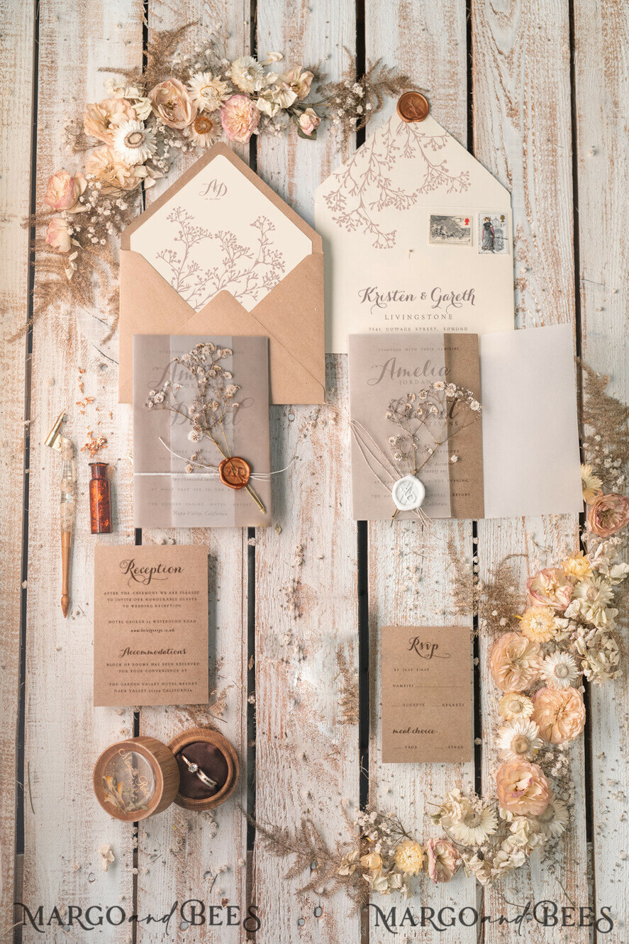WEDDING INVITATIONS rustic / country / shabby chick Rustic Wedding Invitations Uk Real Gypsophila Vellum Wrap with Wax Seal Baby Breath Flowers on HandMade Envelope