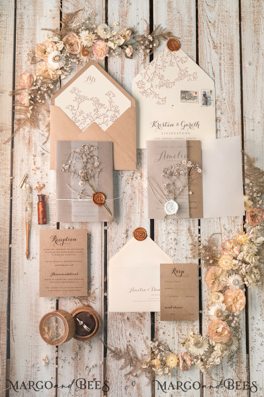 WEDDING INVITATIONS rustic / country / shabby chick Rustic Wedding Invitations Uk Real Gypsophila Vellum Wrap with Wax Seal Baby Breath Flowers on HandMade Envelope