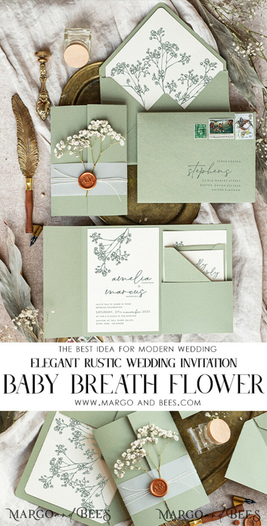 HOCHZEITS EINLADUNGEN rustikal / Landhausstil / Shabby Chic Salbeigrüne Hochzeits-Einladungskarte Set Natürliche Baby-Atemblumen Hochzeits-Einladungen Suite Moderne Boho-Hochzeitskarten Gartenhochzeit