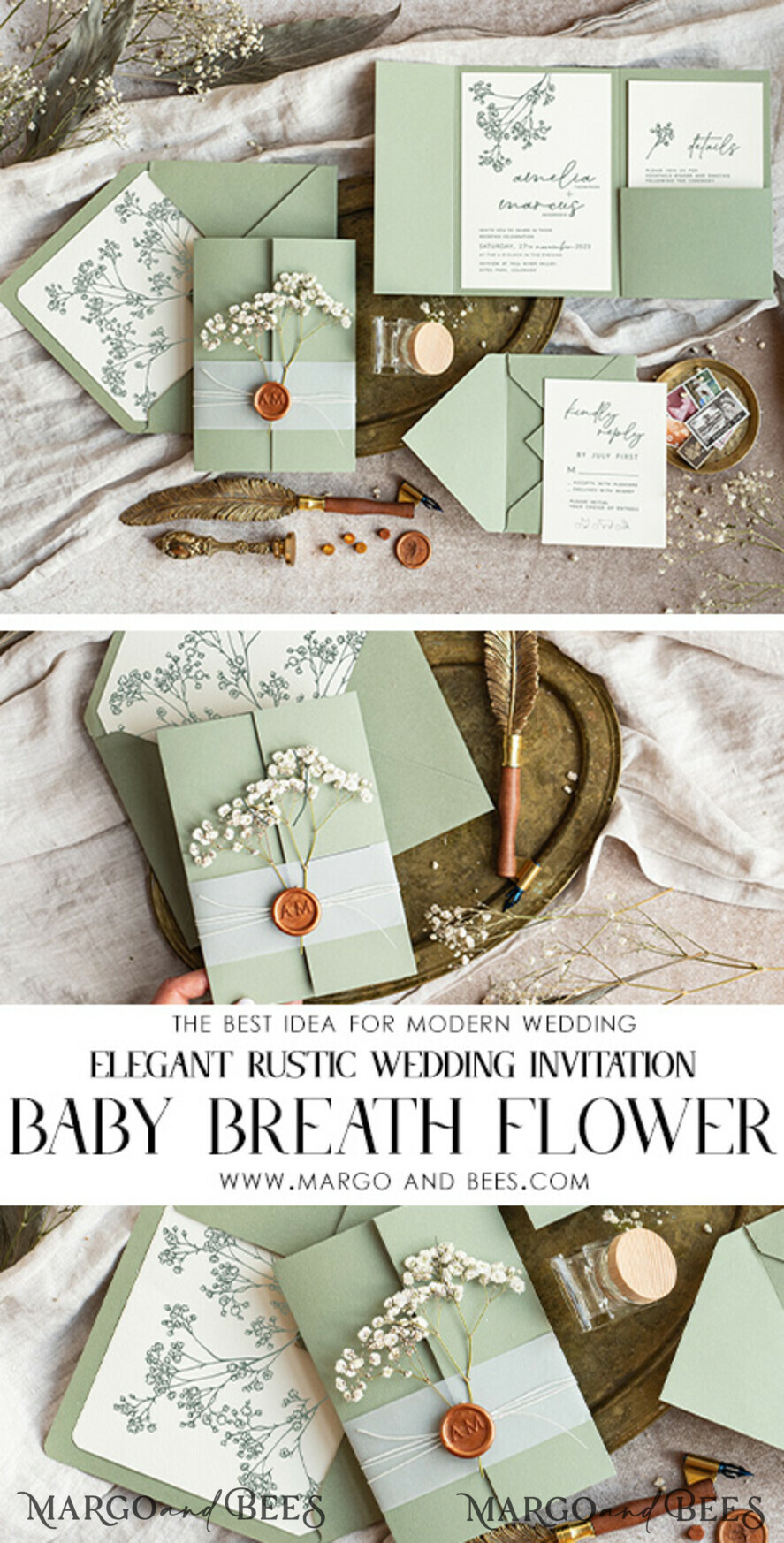 HOCHZEITS EINLADUNGEN rustikal / Landhausstil / Shabby Chic Salbeigrüne Hochzeits-Einladungskarte Set Natürliche Baby-Atemblumen Hochzeits-Einladungen Suite Moderne Boho-Hochzeitskarten Gartenhochzeit