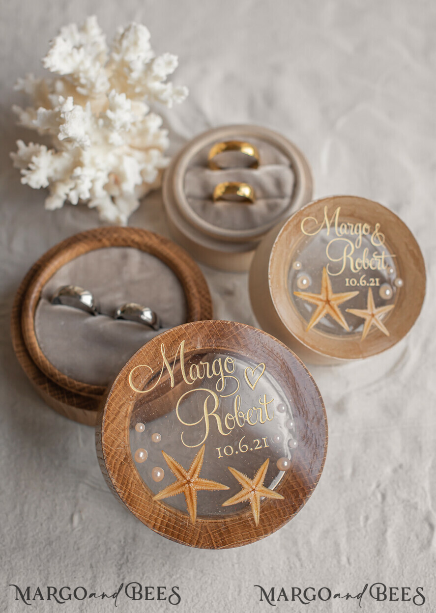 RING BEARER BOXES & PILLOWS Epoxy Wedding rings Box wedding beach ring Box, engraved wedding ring box • personalised rustic ring box • real Starfish luxury ring box