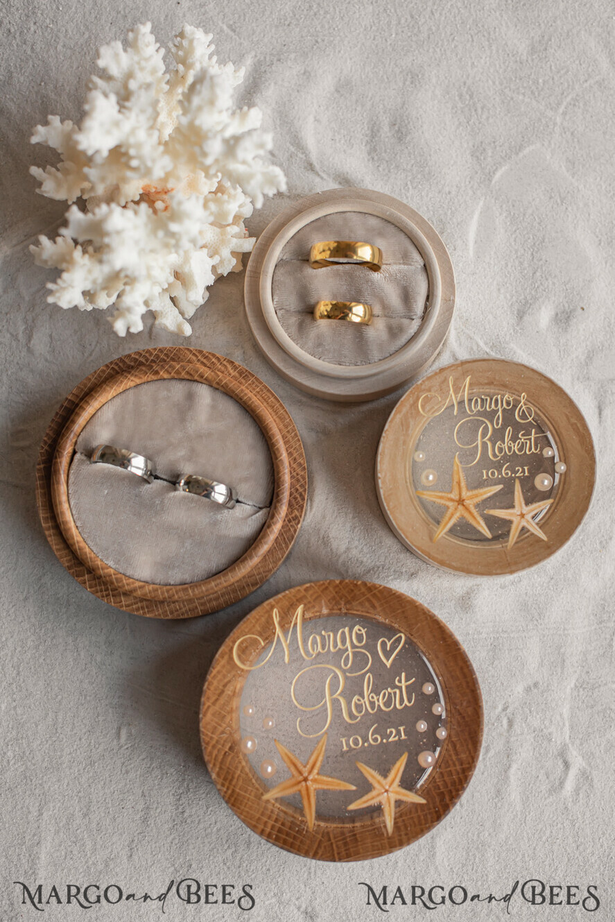 RING BEARER BOXES & PILLOWS Epoxy Wedding rings Box wedding beach ring Box, engraved wedding ring box • personalised rustic ring box • real Starfish luxury ring box