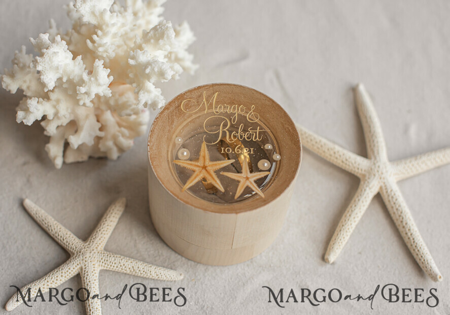 RING BEARER BOXES & PILLOWS Epoxy Wedding rings Box wedding beach ring Box, engraved wedding ring box • personalised rustic ring box • real Starfish luxury ring box