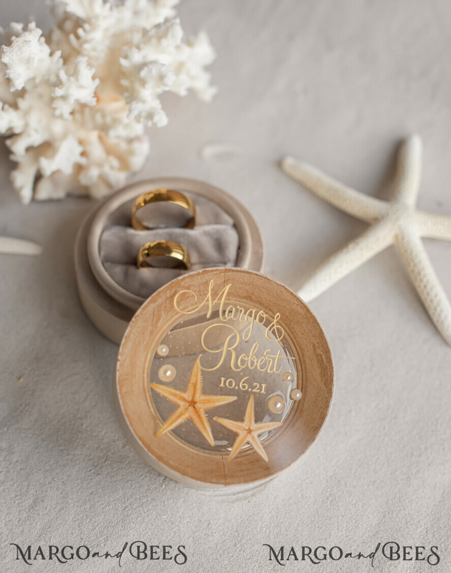 RING BEARER BOXES & PILLOWS Epoxy Wedding rings Box wedding beach ring Box, engraved wedding ring box • personalised rustic ring box • real Starfish luxury ring box