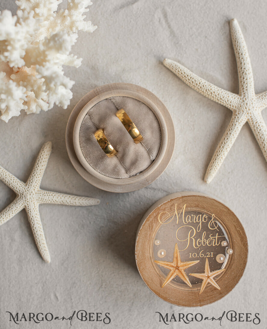 RING BEARER BOXES & PILLOWS Epoxy Wedding rings Box wedding beach ring Box, engraved wedding ring box • personalised rustic ring box • real Starfish luxury ring box