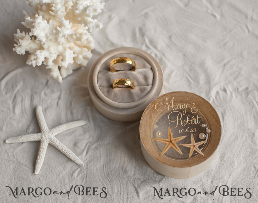 RING BEARER BOXES & PILLOWS Epoxy Wedding rings Box wedding beach ring Box, engraved wedding ring box • personalised rustic ring box • real Starfish luxury ring box