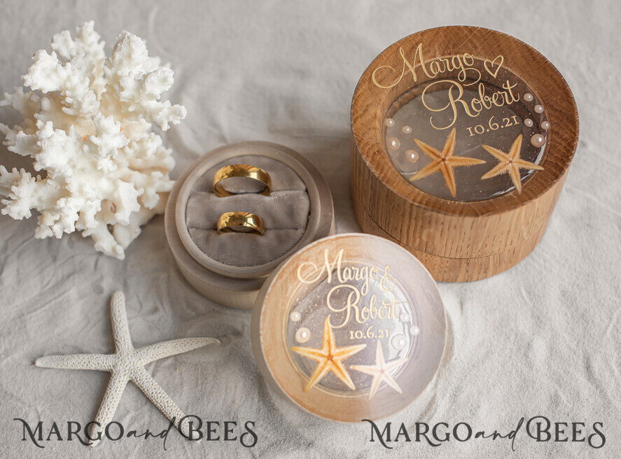 RING BEARER BOXES & PILLOWS Epoxy Wedding rings Box wedding beach ring Box, engraved wedding ring box • personalised rustic ring box • real Starfish luxury ring box