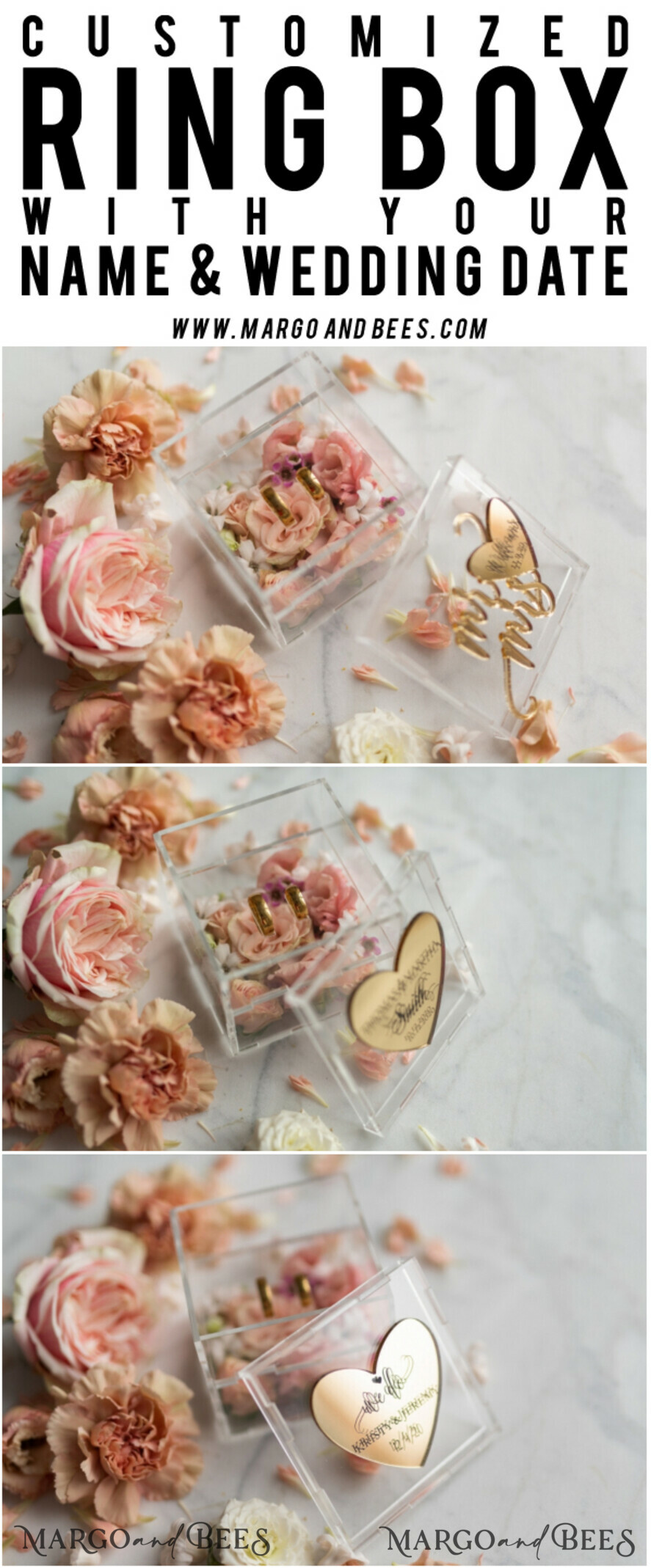 RING BEARER BOXES & PILLOWS Epoxy Wedding rings Box Clear Acryl wedding bearers, Gold glam wedding ring box • handmade ring bearer box • Mirror Gold luxury ring box