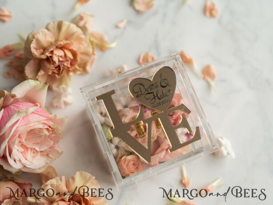 RING BEARER BOXES & PILLOWS Epoxy Wedding rings Box Gold Love wedding Box, rustic glam wedding ring box • handmade ring bearer box • Clear Transparent luxury ring box