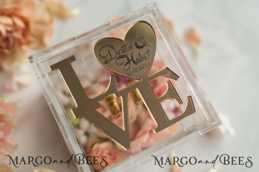 RING BEARER BOXES & PILLOWS Epoxy Wedding rings Box Gold Love wedding Box, rustic glam wedding ring box • handmade ring bearer box • Clear Transparent luxury ring box