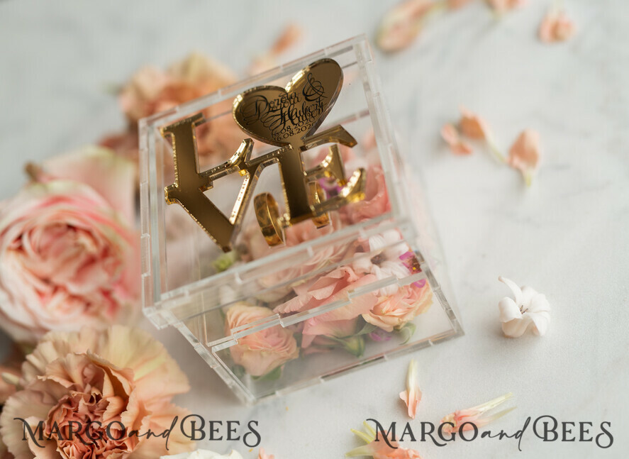 RING BEARER BOXES & PILLOWS Epoxy Wedding rings Box Gold Love wedding Box, rustic glam wedding ring box • handmade ring bearer box • Clear Transparent luxury ring box