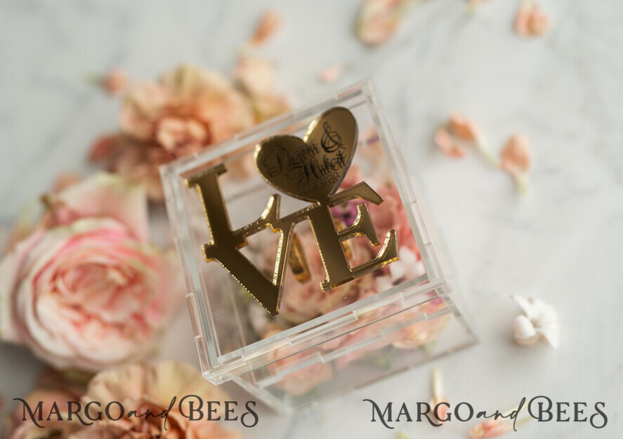 RING BEARER BOXES & PILLOWS Epoxy Wedding rings Box Gold Love wedding Box, rustic glam wedding ring box • handmade ring bearer box • Clear Transparent luxury ring box