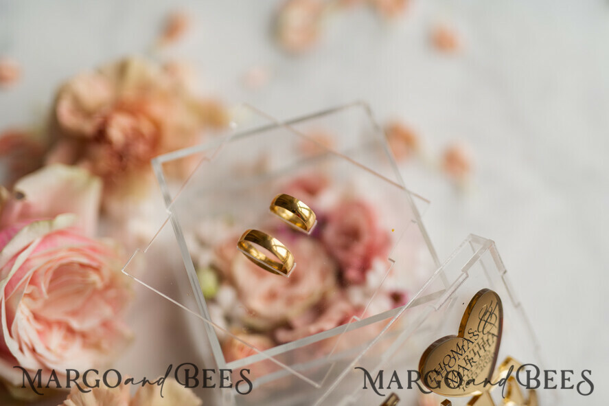 RING BEARER BOXES & PILLOWS Epoxy Wedding rings Box Gold Love wedding Box, rustic glam wedding ring box • handmade ring bearer box • Clear Transparent luxury ring box