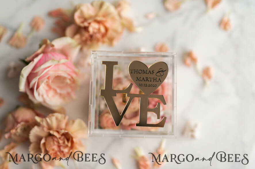 RING BEARER BOXES & PILLOWS Epoxy Wedding rings Box Gold Love wedding Box, rustic glam wedding ring box • handmade ring bearer box • Clear Transparent luxury ring box