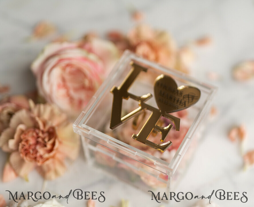 RING BEARER BOXES & PILLOWS Epoxy Wedding rings Box Gold Love wedding Box, rustic glam wedding ring box • handmade ring bearer box • Clear Transparent luxury ring box