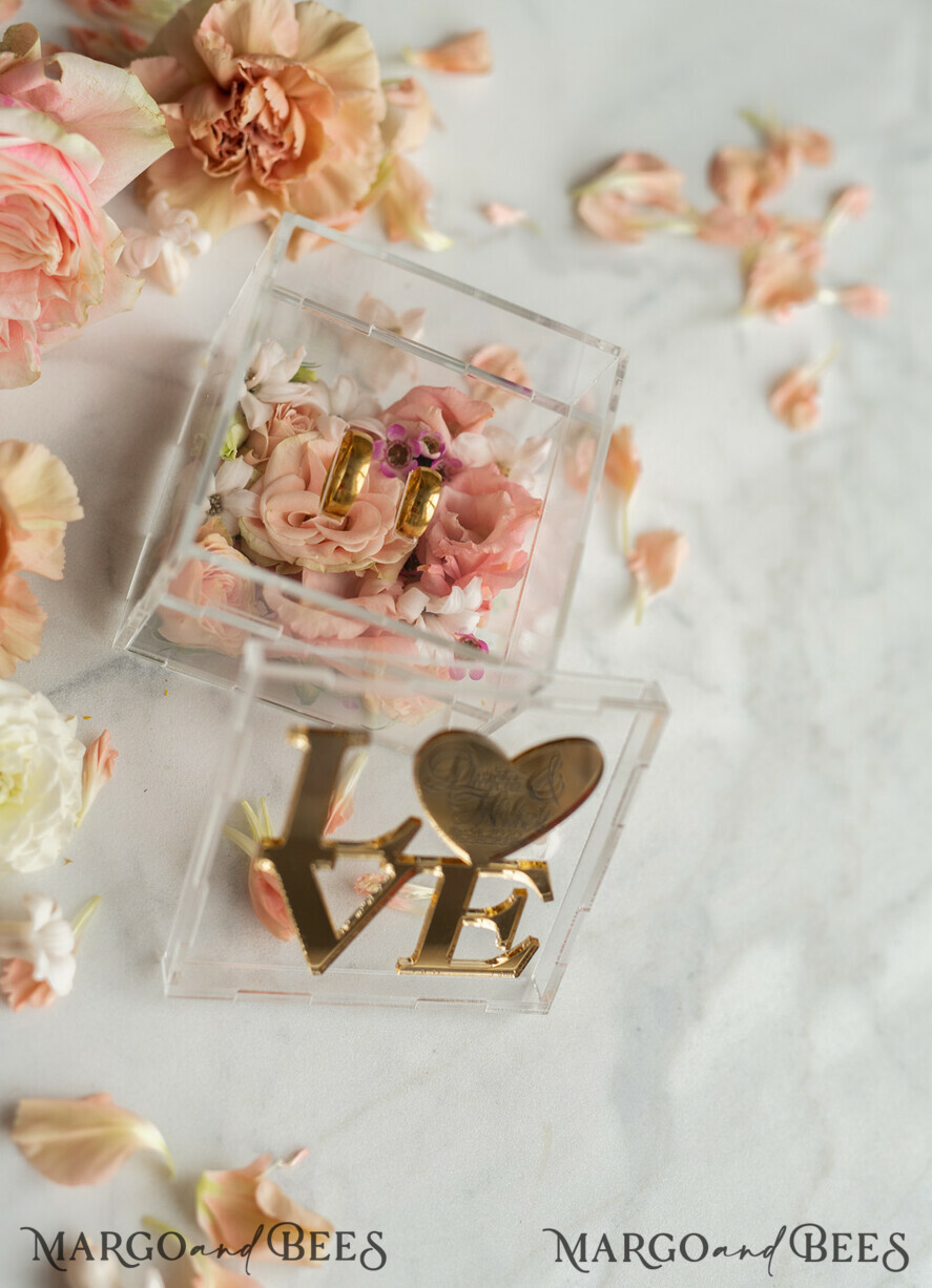 RING BEARER BOXES & PILLOWS Epoxy Wedding rings Box Gold Love wedding Box, rustic glam wedding ring box • handmade ring bearer box • Clear Transparent luxury ring box