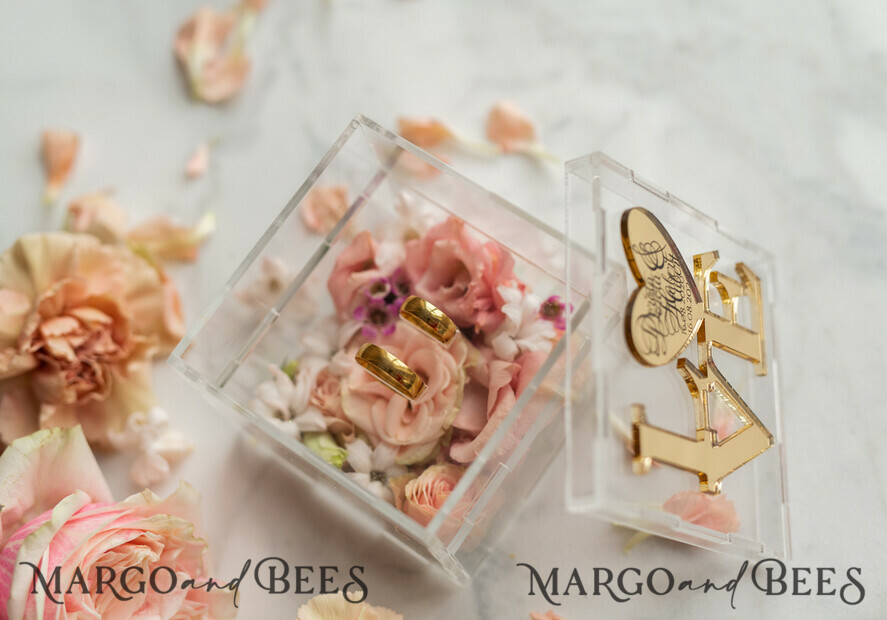 RING BEARER BOXES & PILLOWS Epoxy Wedding rings Box Gold Love wedding Box, rustic glam wedding ring box • handmade ring bearer box • Clear Transparent luxury ring box