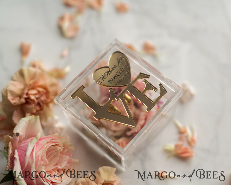 RING BEARER BOXES & PILLOWS Epoxy Wedding rings Box Gold Love wedding Box, rustic glam wedding ring box • handmade ring bearer box • Clear Transparent luxury ring box