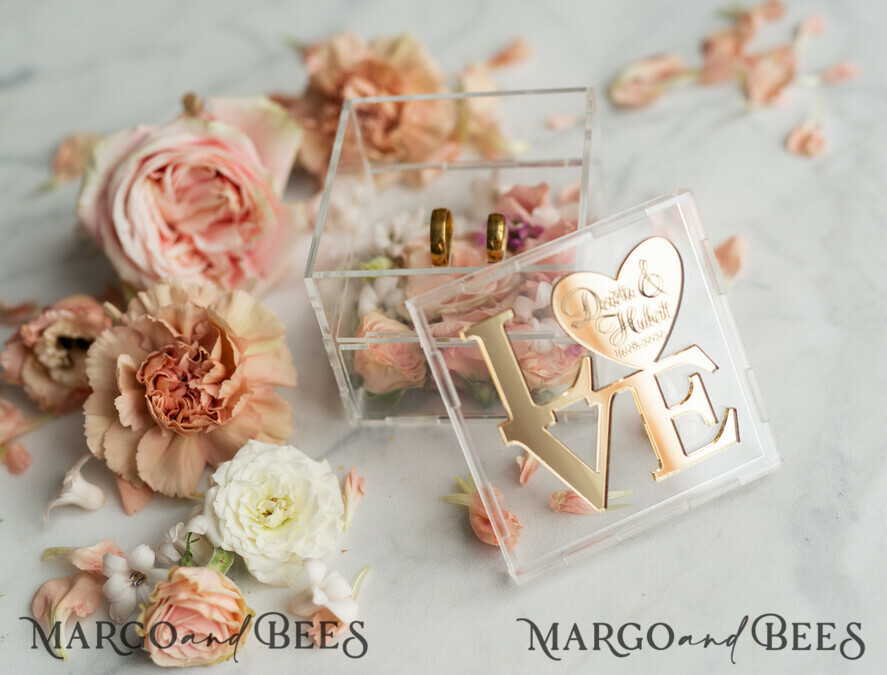 RING BEARER BOXES & PILLOWS Epoxy Wedding rings Box Gold Love wedding Box, rustic glam wedding ring box • handmade ring bearer box • Clear Transparent luxury ring box