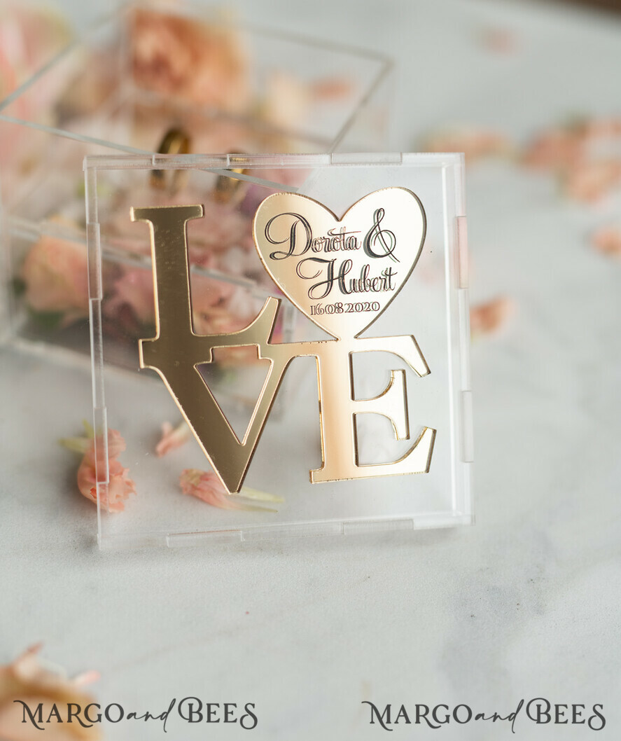 RING BEARER BOXES & PILLOWS Epoxy Wedding rings Box Gold Love wedding Box, rustic glam wedding ring box • handmade ring bearer box • Clear Transparent luxury ring box