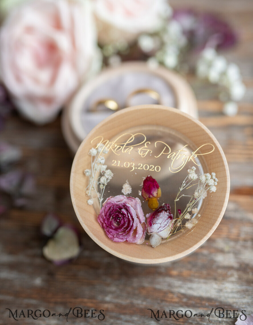 RING BEARER BOXES & PILLOWS Epoxy Wedding rings Box Presonaised Ring Box for wedding bands, Handmade wedding ring box • Real Flowers ring bearer box • wood luxury ring box