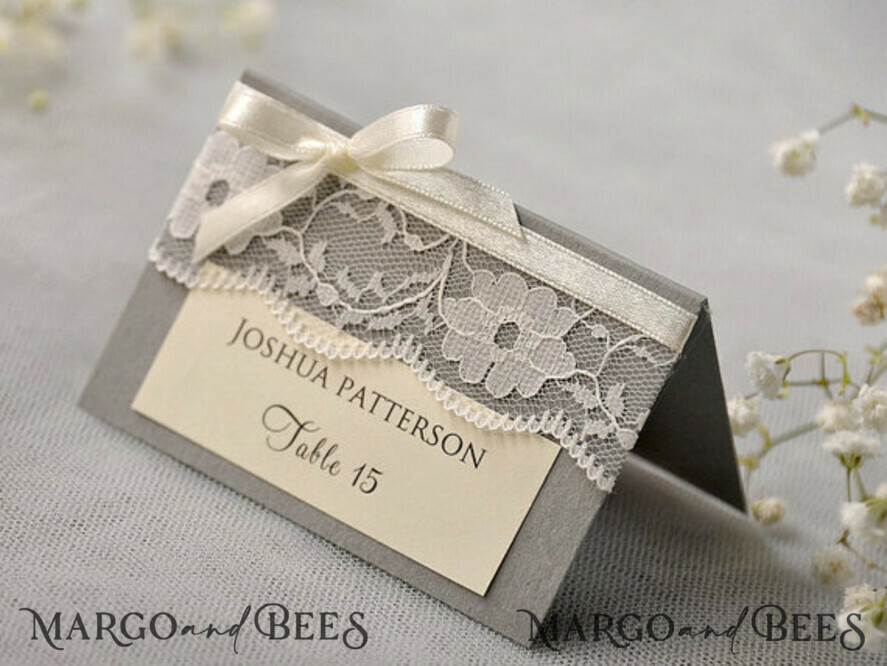 PLACE CARDS / TABLE CARDS Rustic Eco Wedding Place cards Elegant Ecru and Grey Wedding Place Cards, Rustic Name Tags, Romantic Wedding Place Cards with Lace and Ecru Ribbon, Custom Text, Rustic Wedding Place Cards