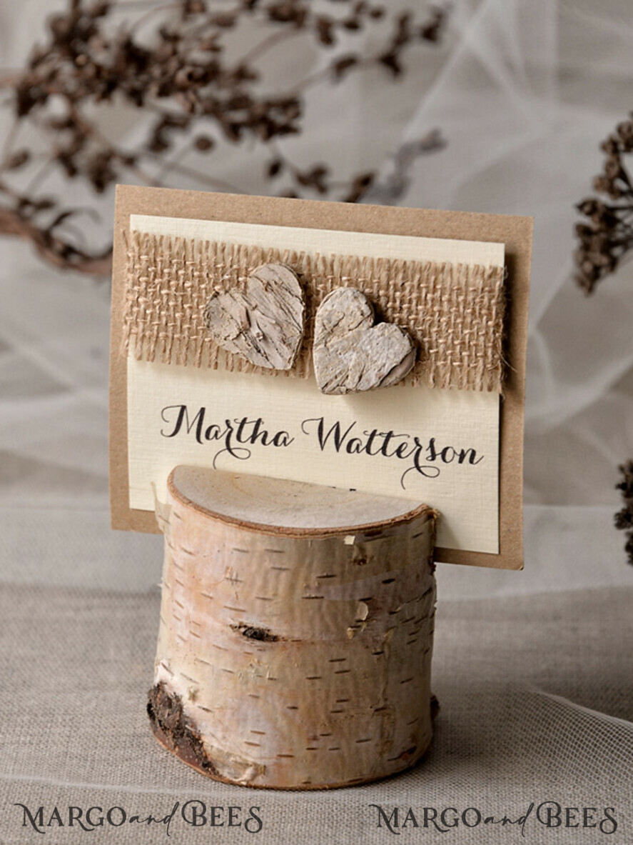 PLACE CARDS / TABLE CARDS Rustic Eco Wedding Place cards Ecru Eco Wedding Place Cards, Rustic Wedding Place Cards, Birch Heart and Natural Burlap Wedding Name Cards, Eco Rustic Name Tags, Editable Text, Rustic Wedding