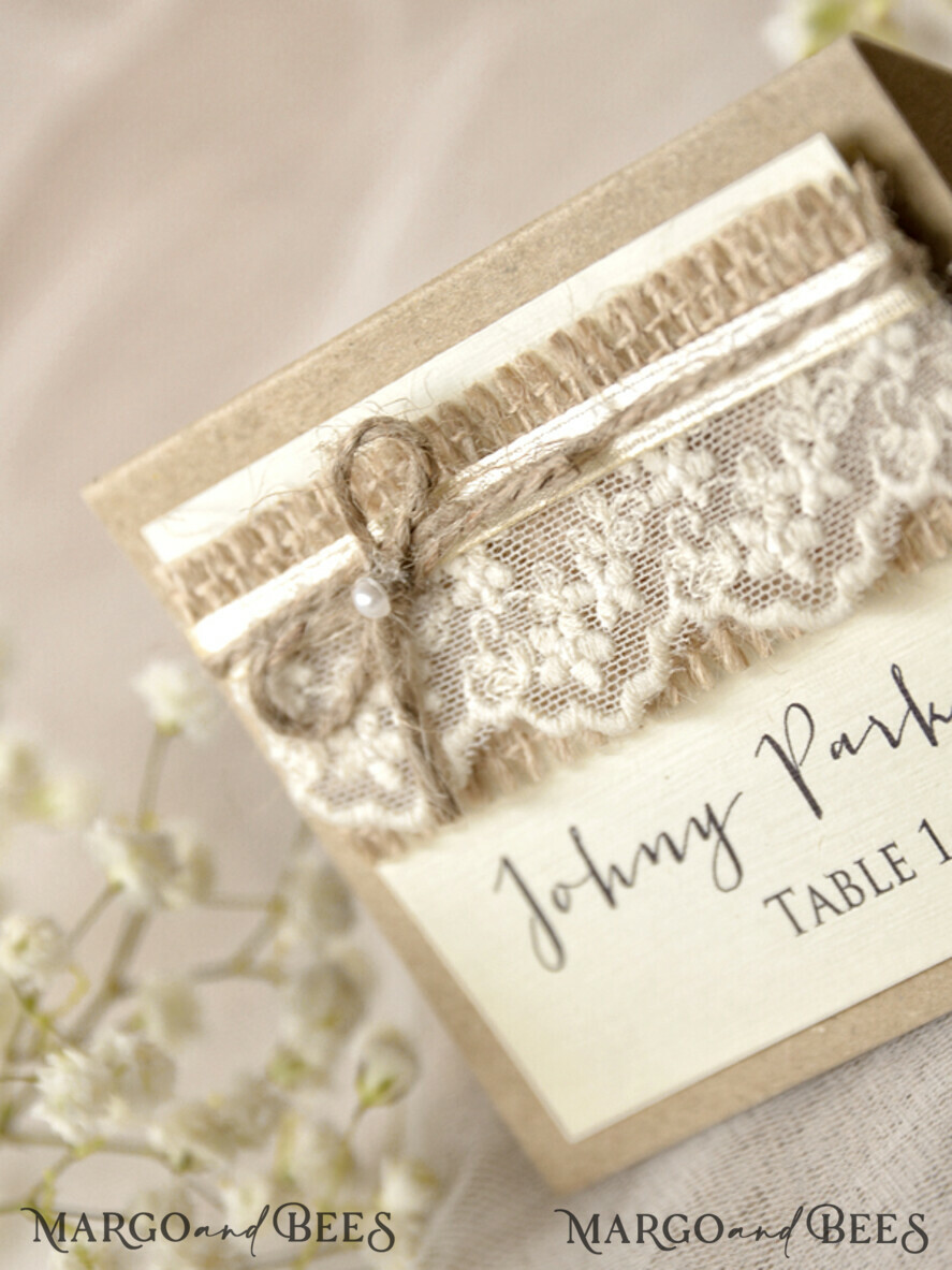 PLACE CARDS / TABLE CARDS Rustic Eco Wedding Place cards Ecru Eco Wedding Place Cards, Rustic Place Cards, Lace and Burlap Twine Wedding Name Cards with Pearl Decor, Eco Rustic Name Tags, Editable Text, Romantic Decor