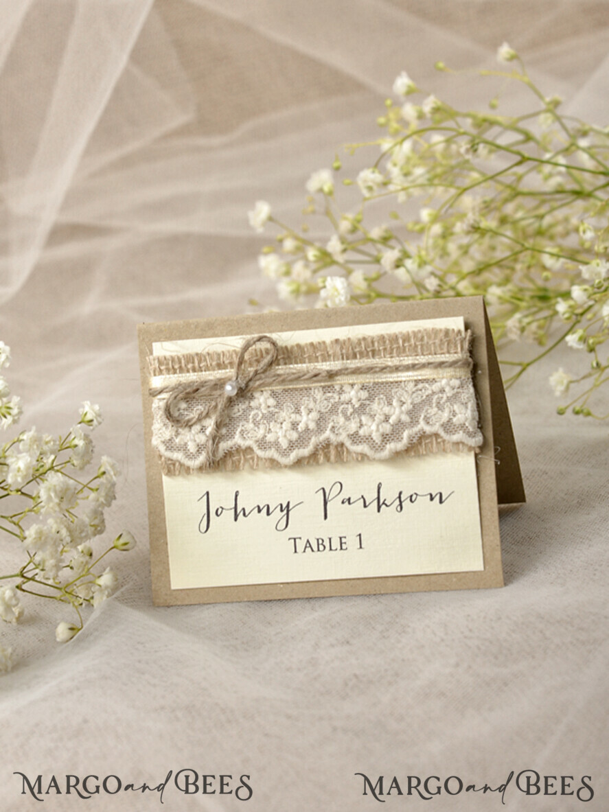 PLACE CARDS / TABLE CARDS Rustic Eco Wedding Place cards Ecru Eco Wedding Place Cards, Rustic Place Cards, Lace and Burlap Twine Wedding Name Cards with Pearl Decor, Eco Rustic Name Tags, Editable Text, Romantic Decor