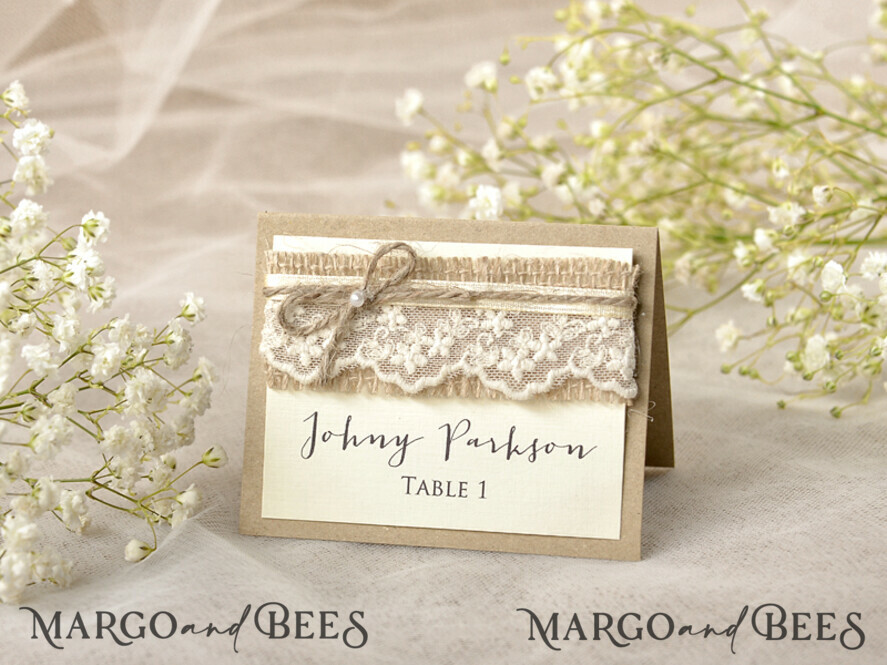 PLACE CARDS / TABLE CARDS Rustic Eco Wedding Place cards Ecru Eco Wedding Place Cards, Rustic Place Cards, Lace and Burlap Twine Wedding Name Cards with Pearl Decor, Eco Rustic Name Tags, Editable Text, Romantic Decor