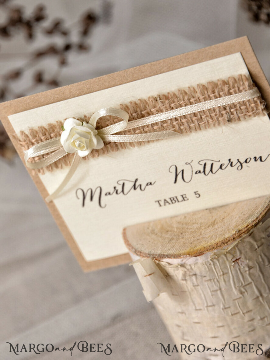 PLACE CARDS / TABLE CARDS Rustic Eco Wedding Place cards Minimalist Ecru Wedding Place Cards, Rustic Name Tags, Romantic Wedding Name Tags with flower decor, natural burlap and ecru ribbon bow, Rustic Place Cards
