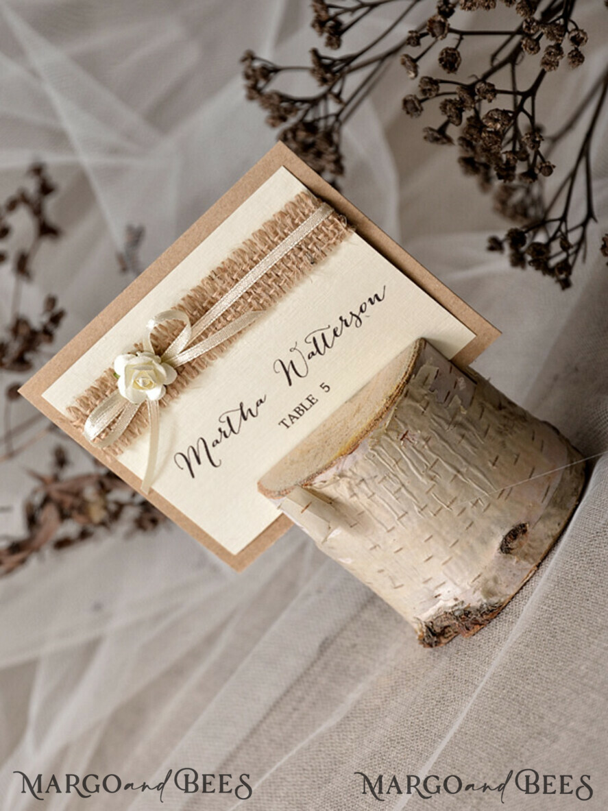 PLACE CARDS / TABLE CARDS Rustic Eco Wedding Place cards Minimalist Ecru Wedding Place Cards, Rustic Name Tags, Romantic Wedding Name Tags with flower decor, natural burlap and ecru ribbon bow, Rustic Place Cards