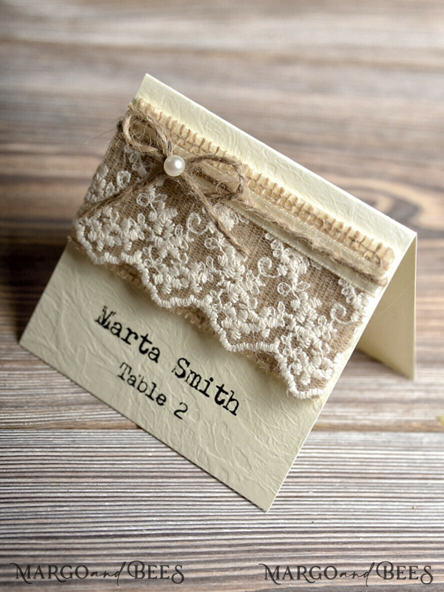 PLACE CARDS / TABLE CARDS Rustic Eco Wedding Place cards Ecru Eco Wedding Place Cards, Rustic Place Cards, Lace and Burlap Twine Wedding Name Cards with Pearl Decor, Eco Rustic Name Tags, Editable Text, Romantic Decor