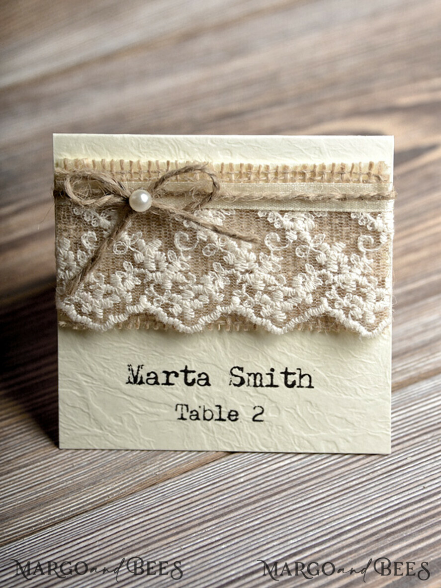 PLACE CARDS / TABLE CARDS Rustic Eco Wedding Place cards Ecru Eco Wedding Place Cards, Rustic Place Cards, Lace and Burlap Twine Wedding Name Cards with Pearl Decor, Eco Rustic Name Tags, Editable Text, Romantic Decor